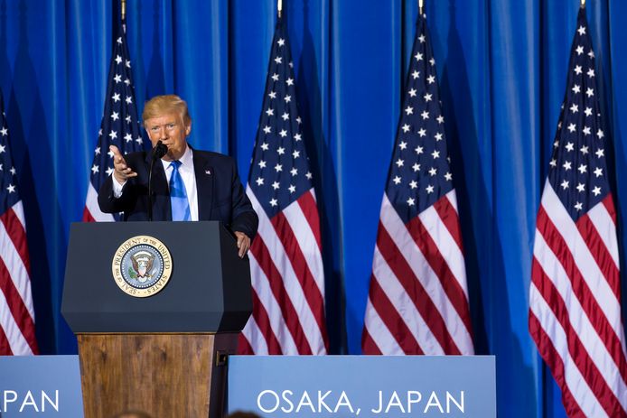 De Amerikaanse president Trump tijdens een persconferentie in het Japanse Osaka waar de G-20 plaatsvindt.