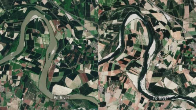 Satellietbeelden tonen ernst van droogte in Italië: kurkdroge rivier Po ramp voor landbouw