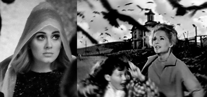 Adele en een scène uit 'The Birds' van Hitchcock.