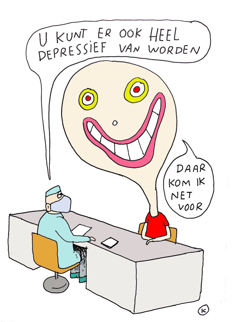 'In Nederlandse steden zijn er zelfs bezorgdiensten die na een whatsappje lachgas aan je voordeur komen leveren, alsof het een pizza is.' Beeld Kamagurka