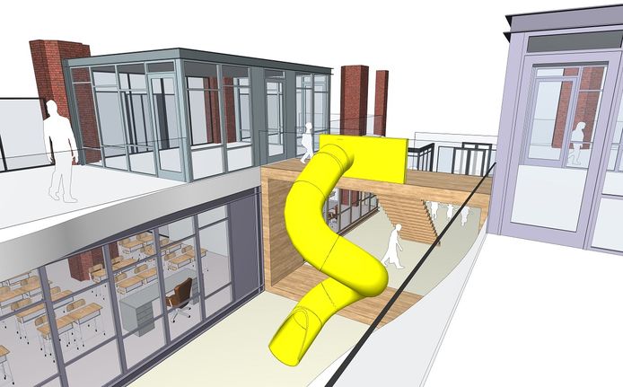 Ontwerp voor school in de kerk, met de tot de verbeelding sprekende gele glijbaan.