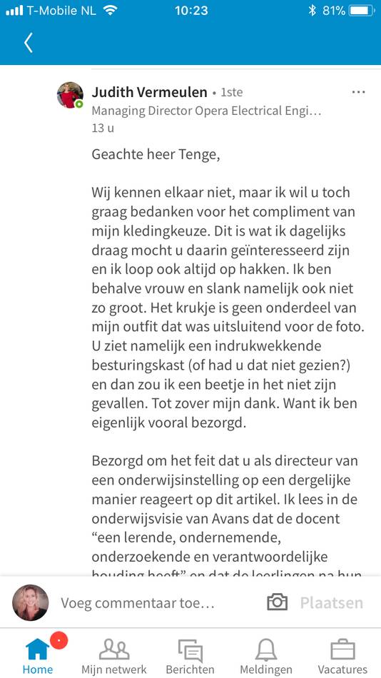 Screenshot reacties onder artikel van Judith Vermeulen op LinkedIn WI Nederland