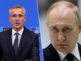 NAVO-baas Jens Stoltenberg en de Russische president Vladimir Poetin.