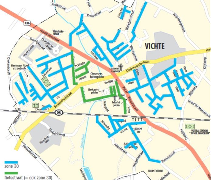 Het kaartje met in het blauw de straten met zone 30 en in het groen de fietsstraten in Vichte