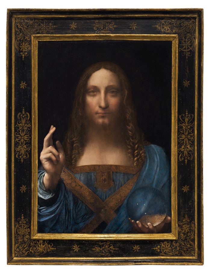 Op het olieverfschilderij is Jezus afgebeeld met opgeheven rechterhand en een kristallen bol in zijn linkerhand.