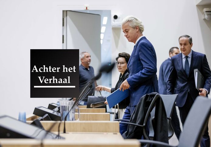 Geert Wilders in de rechtbank, geflankeerd door zijn advocaten Geert-Jan en Carry Knoops.