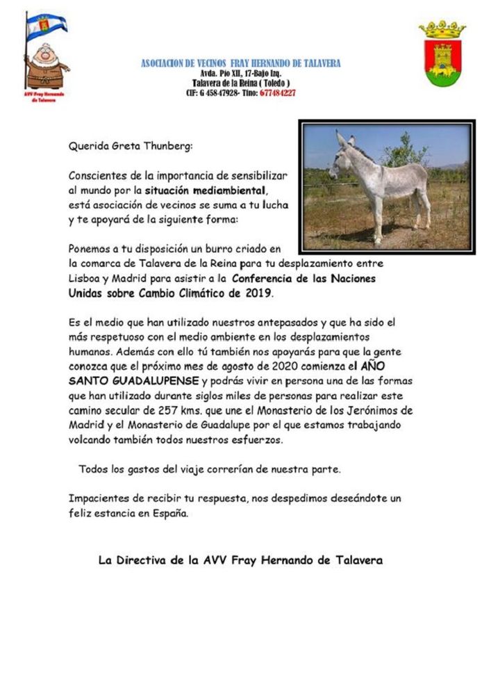 De brief van de Asociación Fray Hernando de Talavera met foto van de ezel voor Greta.