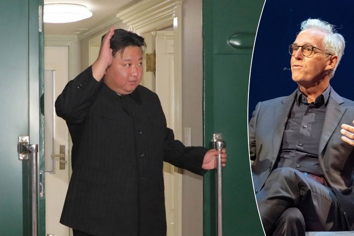 De Noord-Koreaanse leider Kim Jong-un bij zijn vertrek vanuit Pyongyang richting de Russische stad Vladivostok. Rechts: oprichter en hoofdredacteur van de onafhankelijke online krant Moscow Times Derk Sauer.