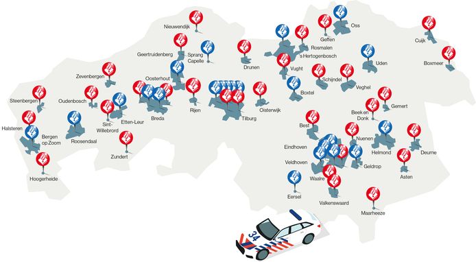 In 2013 telde Brabant nog 56 politiebureaus. In 2019 zijn het er nog maar 23. De blauwe bolletjes laten zien waar nu nog politiebureaus zijn. De rode bolletjes laten de plaatsen zien waar de afgelopen jaar zes jaar het politiebureau verdween. In veel van die plaatsen is wel een politiepost teruggekomen, die vooral gebruikt wordt als uitvalsbasis voor de agenten. Zeven politieposten hebben ook een bezoekersfunctie: Cuijk, Veghel, Schijndel, Drunen, Best, Maarheeze en Valkenswaard.
