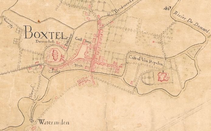 Detail kaart                        een detail uit de kaart van de Bodem van Elde door Hendrik Verhees uit 1802 waarop het klooster en de bleyk van de wasserij zijn  ingetekend
