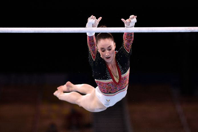 Nina Derwael competes in the artistic gymnastics women's uneven bars final of the Tokyo 2020 Olympic Games at the Ariake Gymnastics Centre in Tokyo