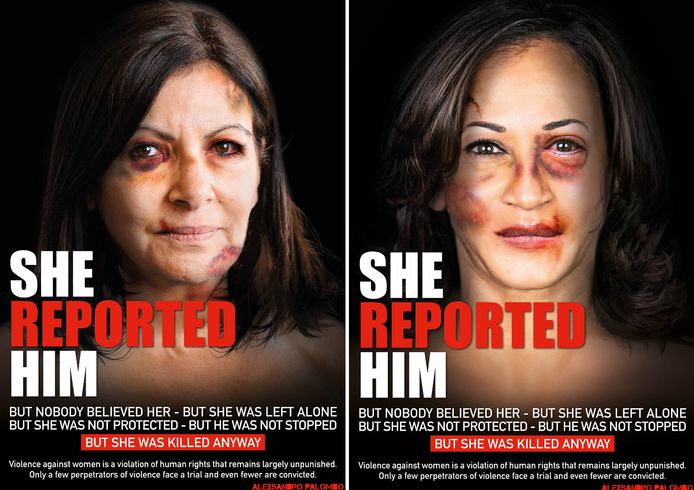 Les visages de la maire de Paris Anne Hildago et de la vice-présidente américaine Kamala Harris ont également été utilisé pour la campagne.