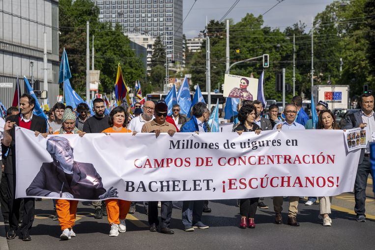 Demonstranten vragen aandacht voor het lot van de Oeigoeren bij het kantoor van VN-mensenrechtencommissaris Michelle Bachelet in Genève.  Beeld ANP / EPA