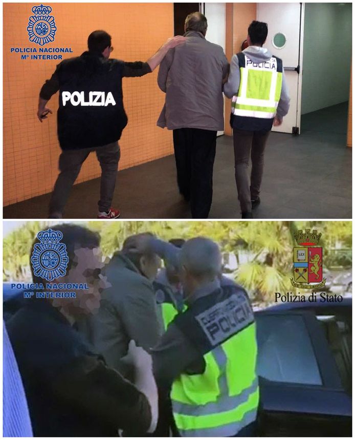 De Spaanse politie gaf deze beelden vrij van de aanhouding van Fausto Pellegrinetti.  De 78-jarige werd gevat in een luxueus appartement in Alicante.