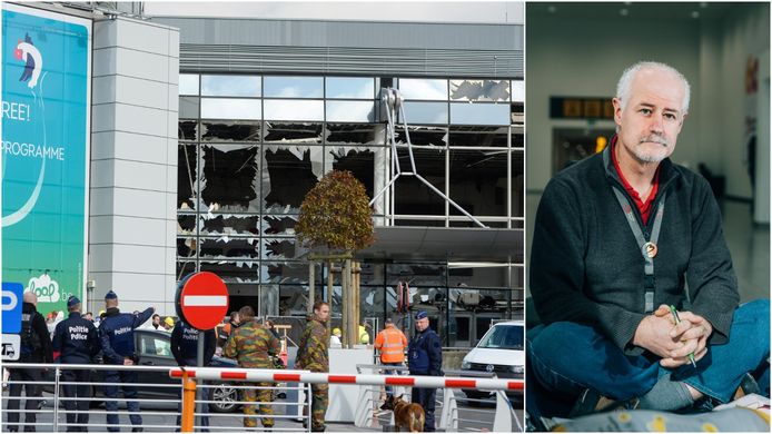 Schade aan de vertrekhal van Brussels Airport in Zaventem na de aanslagen. Rechts: Philippe Vandenberghe, die als een van de eersten ter plaatse was in Zaventem.