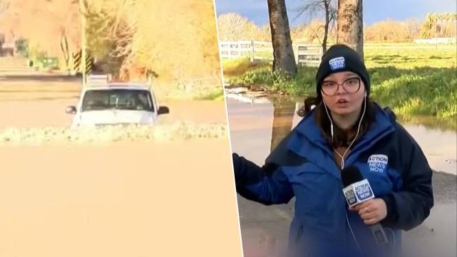 Amerikaan rijdt overstroomde straat in tijdens tv-uitzending