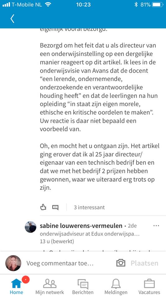 Screenshot reacties onder artikel van Judith Vermeulen op LinkedIn WI Nederland