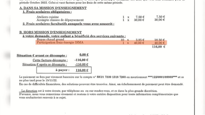 De school had iets nieuws toegevoegd aan de factuur: een bedrag van 40 euro voor “de energiekosten”.