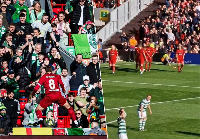 Steven Gerrard daagt na goal Celtic-fans uit en wordt bekogeld.