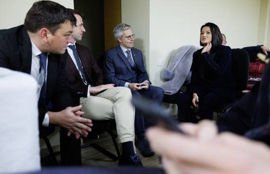 Belgian ambassador to Ukraine Peter Van De Velde and Senate chairwoman Stephanie D'Hose pictured in the cellars of the Natsionalny hotel while waiting for the end of a massive drone attack prior to a visit to Kyiv, Ukraine, on Saturday 25 November 2023. Cenate chairwoman D'Hose is in Kyiv to attend the commemoration of the Holodomor, also known as the Terror-Famine or the Great Famine, a man-made famine in Soviet Ukraine from 1932 to 1933 that killed millions of Ukrainians. BELGA PHOTO BENOIT DOPPAGNE