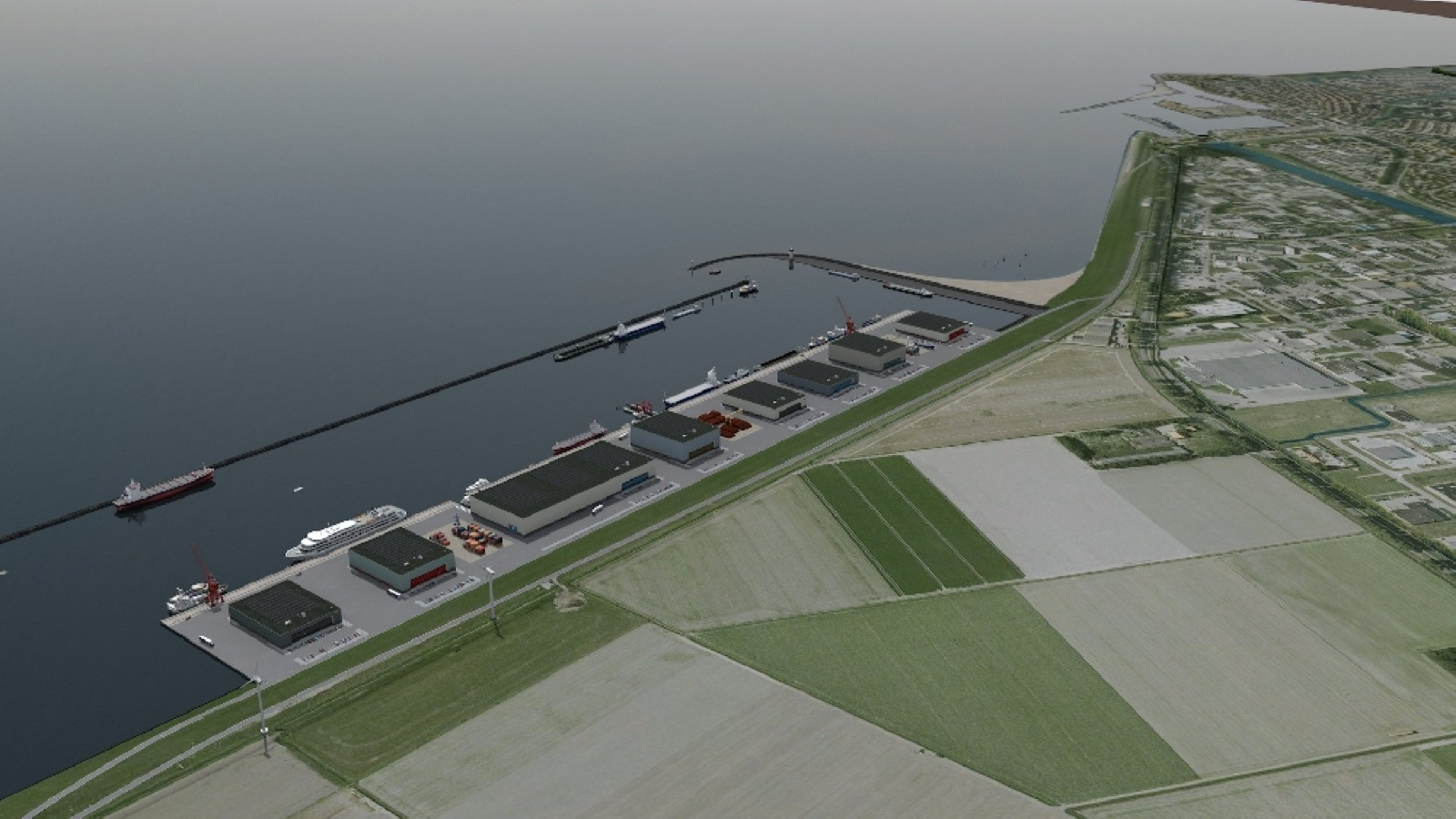Impressie van de buitendijkse haven bij Urk. Op deze locatie langs de Zuidermeerdijk kan een haven komen van ongeveer tien hectare.