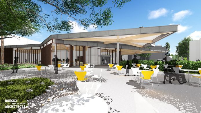 Het nieuwe inkomgebouw krijgt een cafetaria met terras.