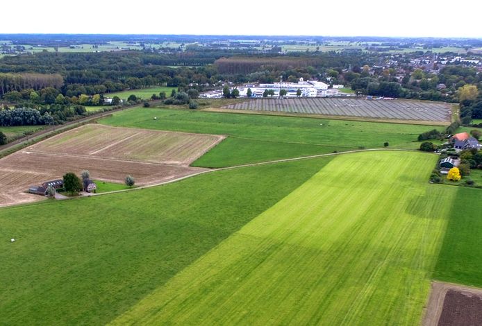 De gemeente Olst-Wijhe laat 75 tot 125 woningen verrijzen in het gebied tussen het zonnepark (rechtsboven) en de onverharde weg die tussen de weilanden doorloopt (in het midden op de foto).