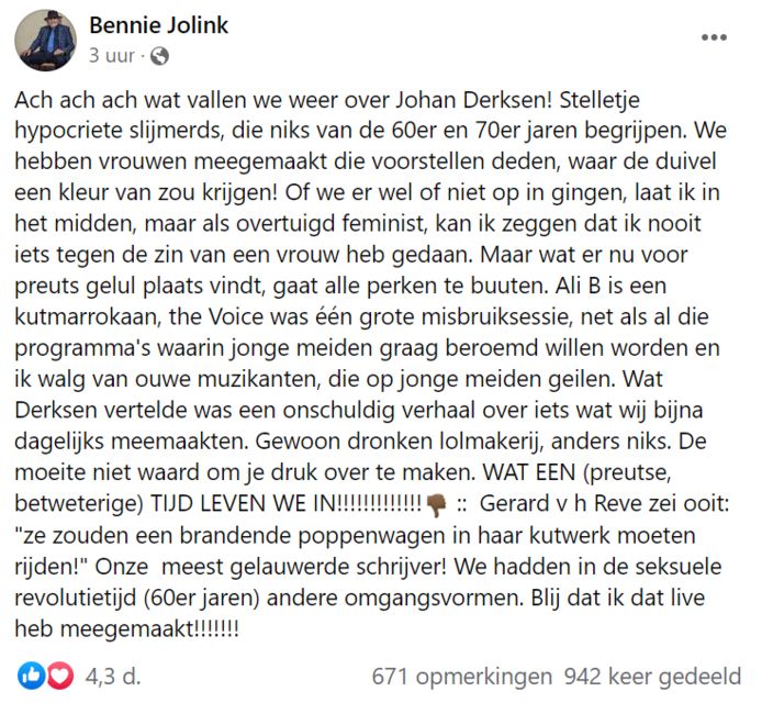 Het inmiddels verwijderde bericht op Facebook van Bennie Jolink kreeg razendsnel duizenden likes en werd ook honderden keren gedeeld