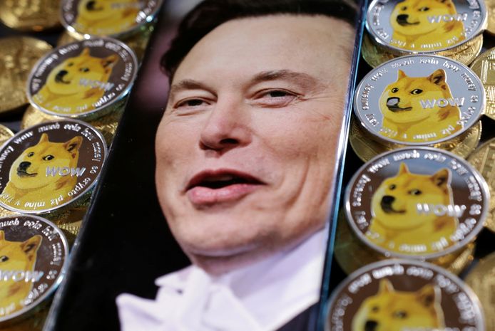 Elon Musk omgeven door logo's van de meme-coin die hij blijft steunen.