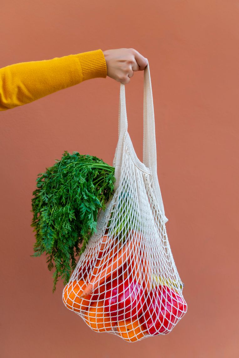 Cropped woman hand holding ecologically friendly reusable cotton mesh bag with fruit and vegetables. Zero Waste shopping concept. Salmon color background.
boodschappen tas Beeld Getty Images