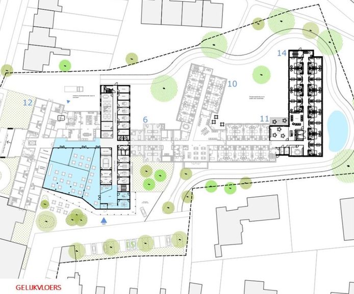 Rechts zien we de nieuwe vleugel, centraal links de vernieuwde B-vleugel en de grotere polyvalente zaal en luifel