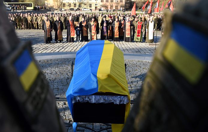 Illustratiefoto. Een begrafenis van een militair in Lviv, in het westen van Oekraïne.