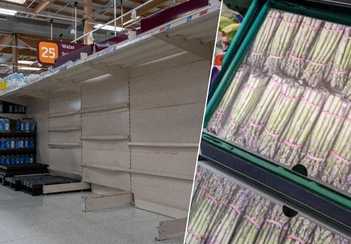 Onder meer door een tekort aan vrachtwagenchauffeurs kampen Britse supermarkten al een tijdje met lege rekken, zoals in dit Sainsbury's-filiaal in Londen (foto links 19 september 2021). Supermarkten proberen de bevoorradingsproblemen te verdoezelen door afbeeldingen van etenswaren in de rekken te leggen.