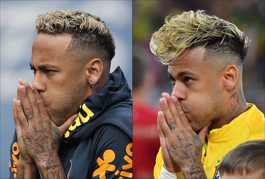 Links Neymar zoals hij er nu uitziet, rechts zoals hij er tijdens de partij tegen Zwitserland (17 juni) uitzag.