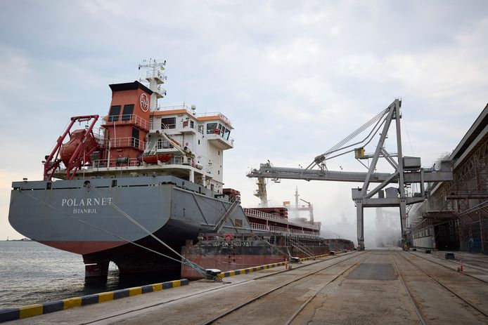 Het Turkse schip 'Polarnet' in de haven van Chornomorsk, in de oblast Odesa.