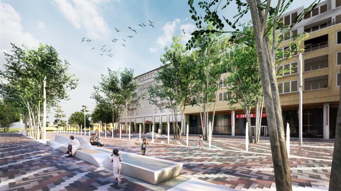 Het voorlopig ontwerp van het nieuwe Stadsplein: met nieuwe bankjes, bomen en waterpartijen.