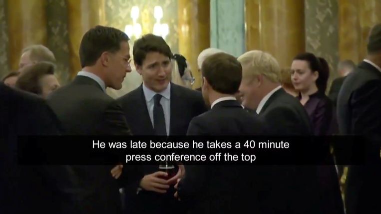 Canadese premier Justin Trudeau spreekt met de president van Frankrijk Emmanuel Macron, premier Boris Johnson en  premier Mark Rutte. Beeld CBC via REUTERS