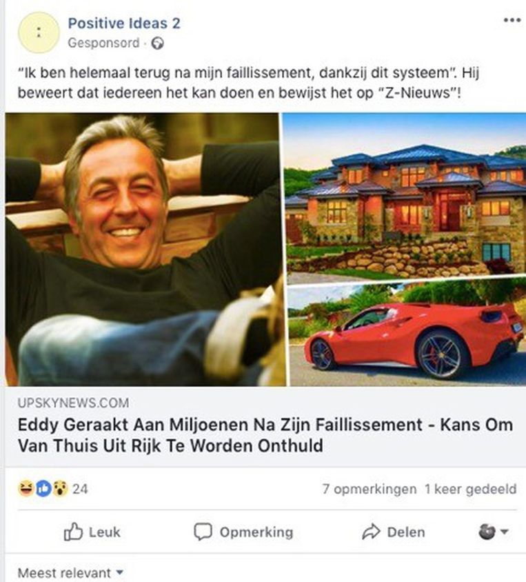 Screenshot met nepreclame op Facebook over Eddy Planckaert. Beeld RV