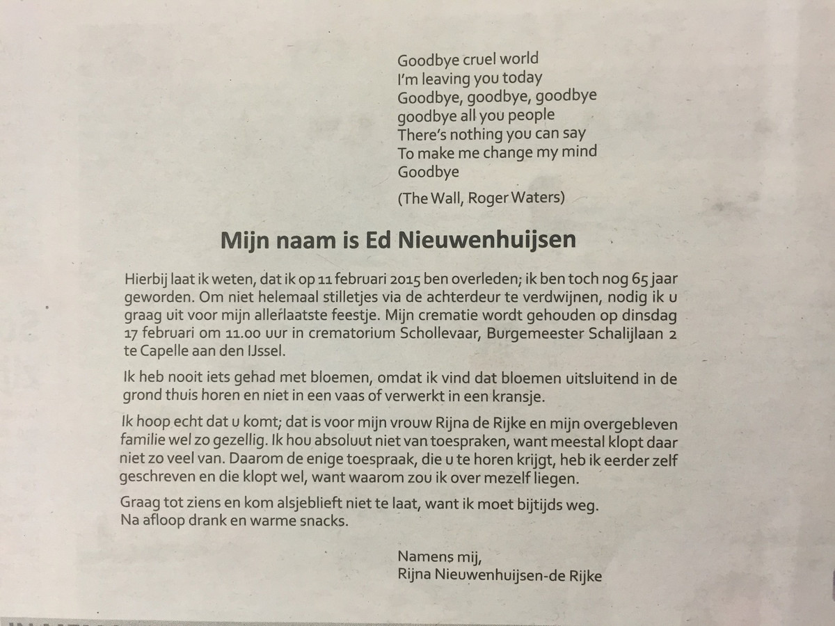 Rotterdammer regisseerde eigen uitvaart van A tot Z  Foto  AD.nl