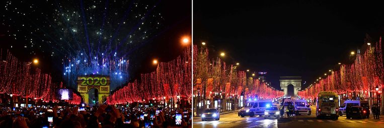 Ook een groot verschil in Parijs: links het vuurwerk eind vorig jaar, rechts de afgesloten Champs-Elysées.  Beeld AFP