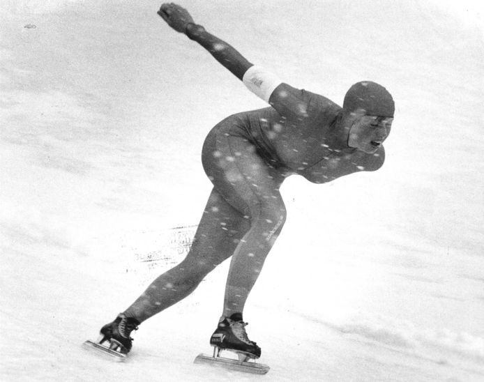 Ria Visser op weg naar het zilver op de 1500 meter op de Spelen van Lake Placid in 1980.