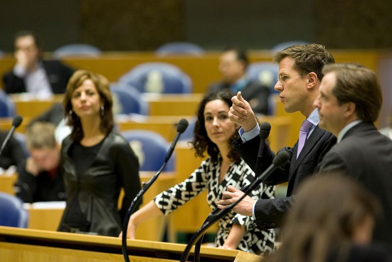 Femke Halsema (midden) in de Tweede Kamer in 2009. Verder op de foto: Agnes Kant (SP), Mark Rutte (VVD) en Alexander Pechtold (D66). Beeld ANP