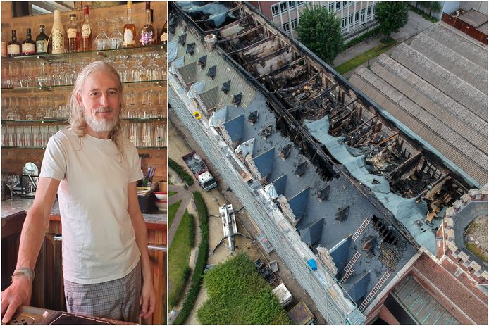 In café Papa Jos gaat een week na de brand alles weer zijn gangetje. Rechts een beeld van de beschadigde kantoren in het B-gebouw.