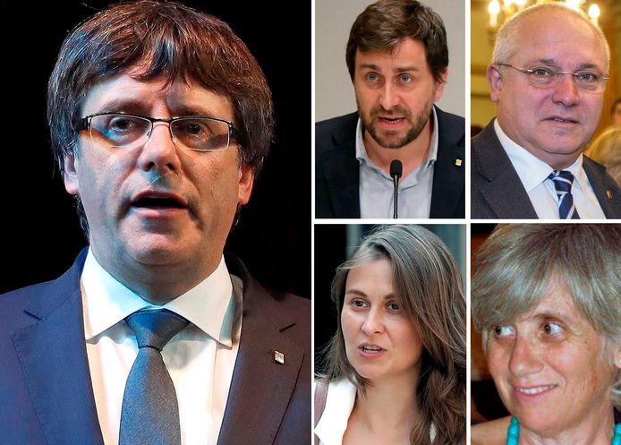 Carles Puigdemont en de 4 ex-ministers die in België verblijven: (top L-R) Antoni Comin, Lluis Puig, Meritxell Serret en Clara Ponsati.