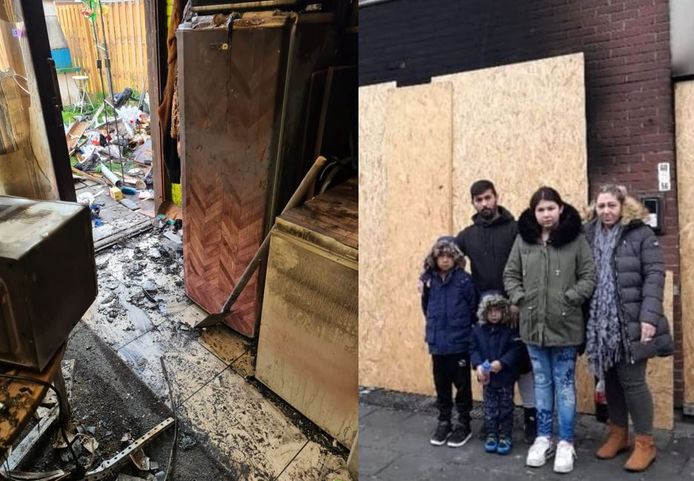Links: het volledig vernielde appartement, rechts het gezin van Monica Nikova en haar vriend.