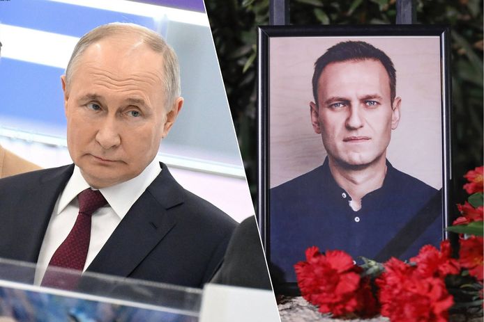 De Russische president Vladimir Poetin. Rechts een portret van criticus Aleksej Navalny.