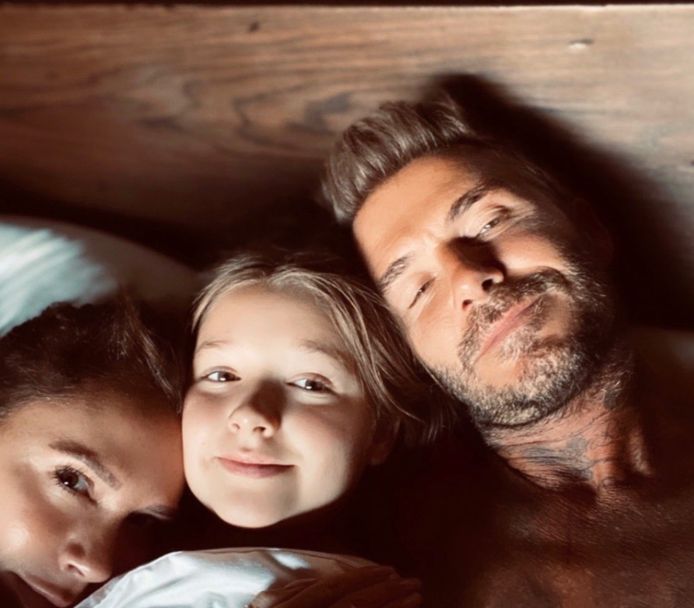 David Beckham met zijn vrouw Victoria Beckham en dochter Harper