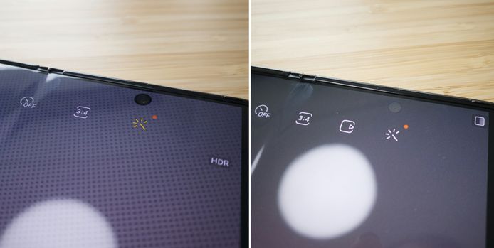 De selfiecamera onder het scherm van de Samsung Galaxy Z Fold 3 die tevoorschijn komt bij gebruik.