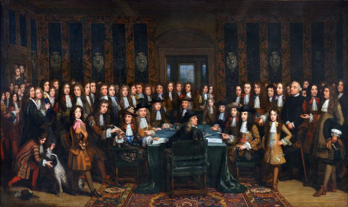 Op dit schilderij van de Franse hofschilder Henri Gascar wordt de Vrede van Nijmegen getekend. Gerard Lemmens spoorde het werk op en verwierf het voor Museum Het Valkhof met steun van de Vereniging Rembrand.