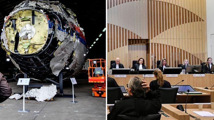 De reconstructie van het toestel van vlucht MH17. Rechts het strafproces in de rechtbank van Schiphol.